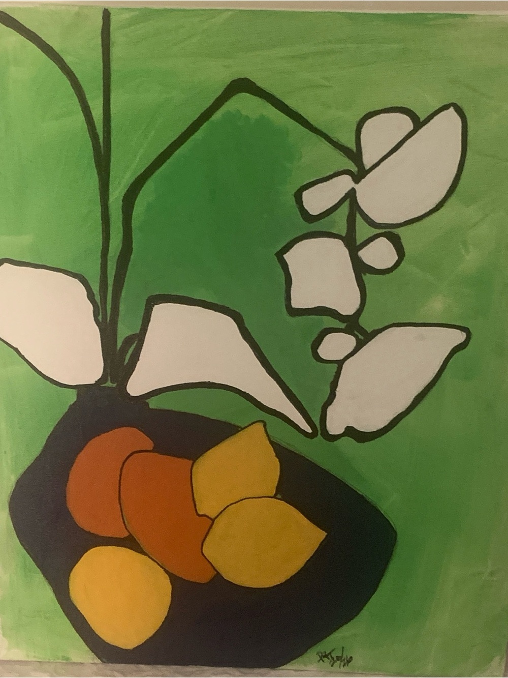 Green Botanical Canvas Art with White Leaves and Yellow Accents